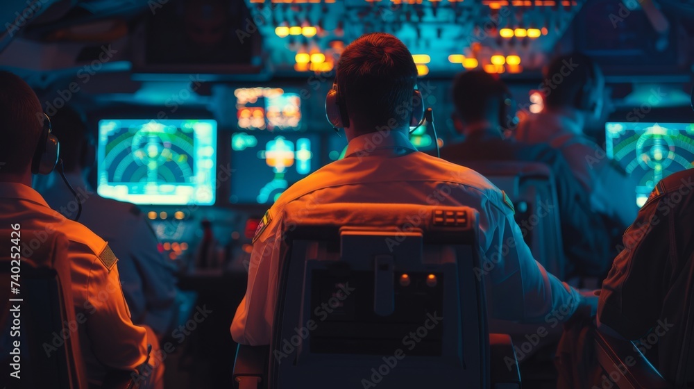 Naklejka premium photo of airplane pilots control room 