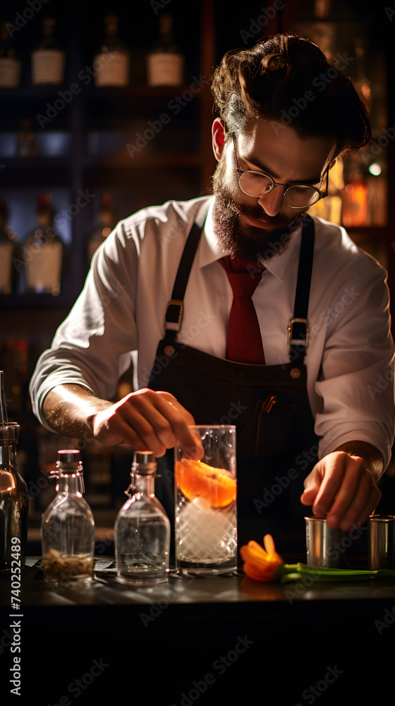 Bartender making a drink, working as a bar tender, bar tender