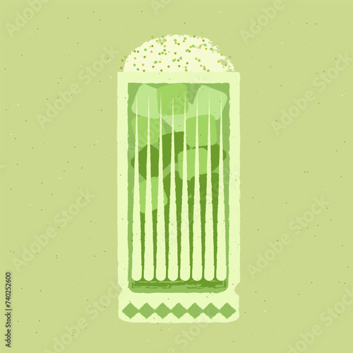 Green cocktail with whipped cream. Smoothie in high glass. Fresh greens. Milkshake. Alcohol drink for bar. Cold soft liquid in tall glass. Non-alcoholic beverage. Flat vector illustration with texture
