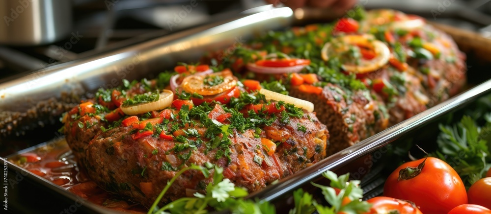 A tray of Uzbek meat loaf, garnished with tomatoes and parsley, showcasing a delicious combination of vegetables, meat, and spices.