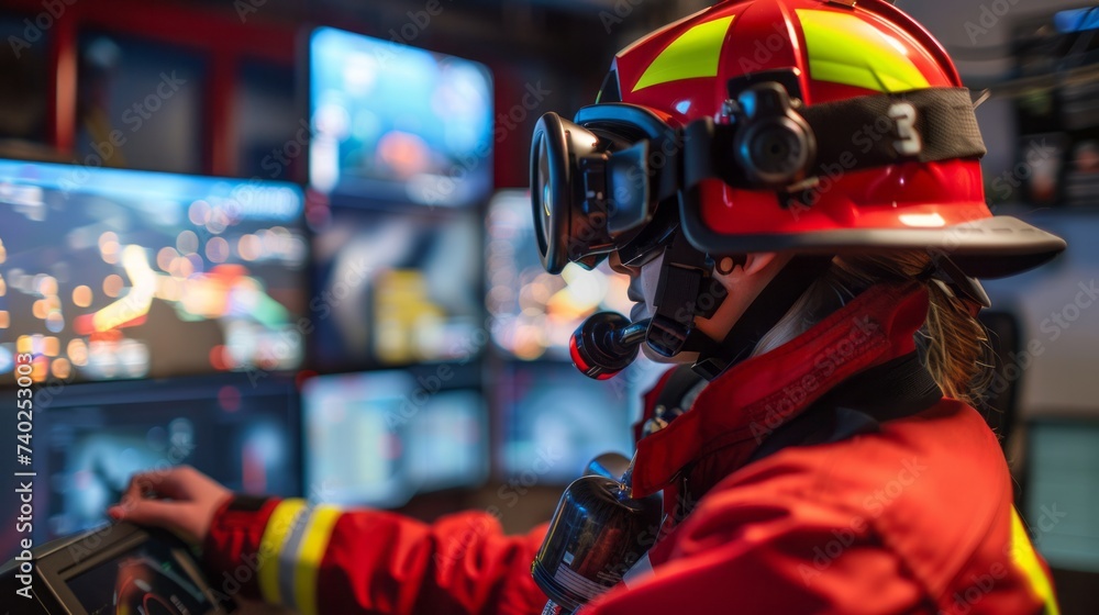 Firefighter training in virtual reality, simulating various emergency scenarios to hone their skills and decision making abilities Firefighter training in virtual reality, simulating various emergency scenarios to hone their skills and decision making abilities