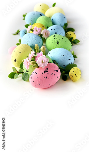 Collection of stylish colors eggs with flowers for Easter celebration on white background.