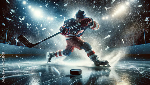  An intense moment in an ice hockey game captured with a player in motion, creating a dynamic spray of ice, under bright arena lights.Sport concept.AI generated. © Czintos Ödön