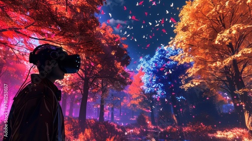 Person wearing a virtual reality headset immersed in a digital forest, surrounded by vibrant trees and chirping birds