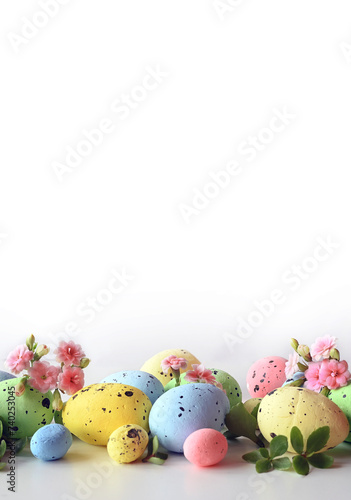 Collection of stylish colors eggs with flowers for Easter celebration on white background.