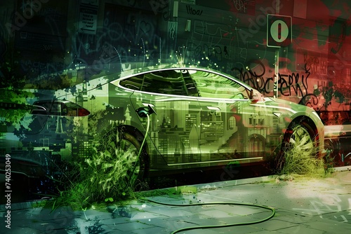 Futuristic electric car overlaid with vibrant graffiti. urban eco-friendly transport concept. modern artwork style representation of green technology. AI photo