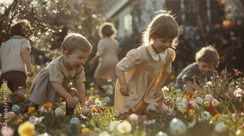 Happy children hunting for hidden Easter eggs in a garden