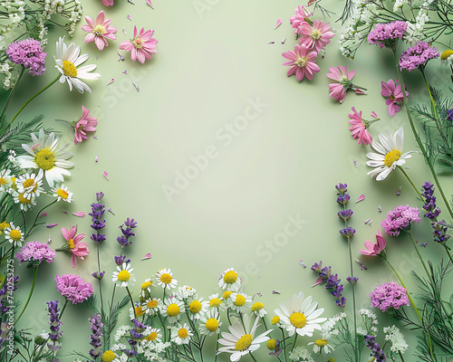 Green background with frame of flowers