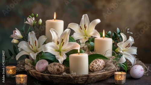 Blooming Easter lilies on the table surrounded by flickering Easter candles and decorative eggs