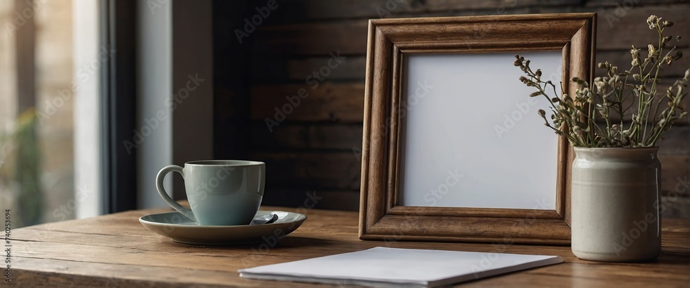 empty Blank picture frame mockup,Wooden bench, table composition with cup of coffee