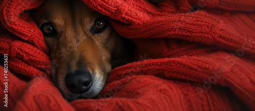 Autumns dog finds comfort and warmth as it hides underneath a cozy red blanket. © AkuAku
