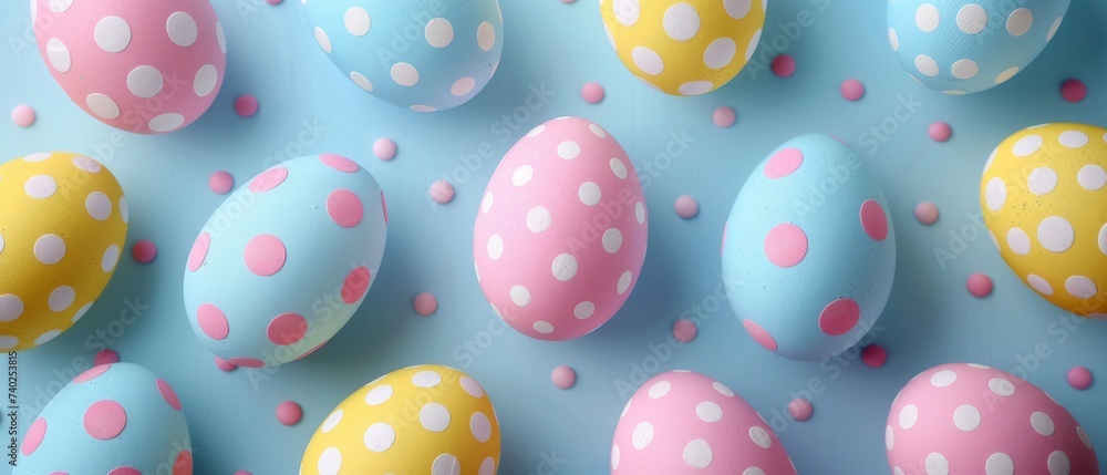 White pink blue and yellow Easter eggs on isolated pastel blue background with copy space