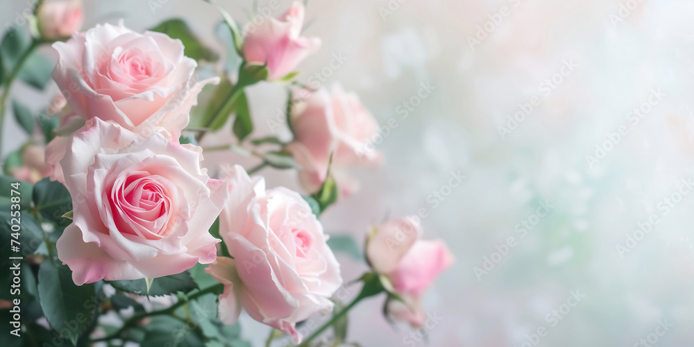 Pink roses on a light background. Floral and holiday concept. Wedding invitation card or background image for a beauty brand. Banner with copy space.