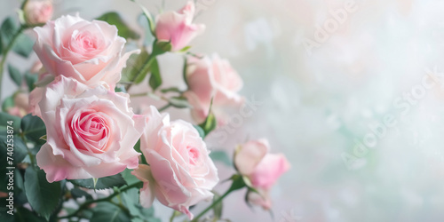 Pink roses on a light background. Floral and holiday concept. Wedding invitation card or background image for a beauty brand. Banner with copy space.