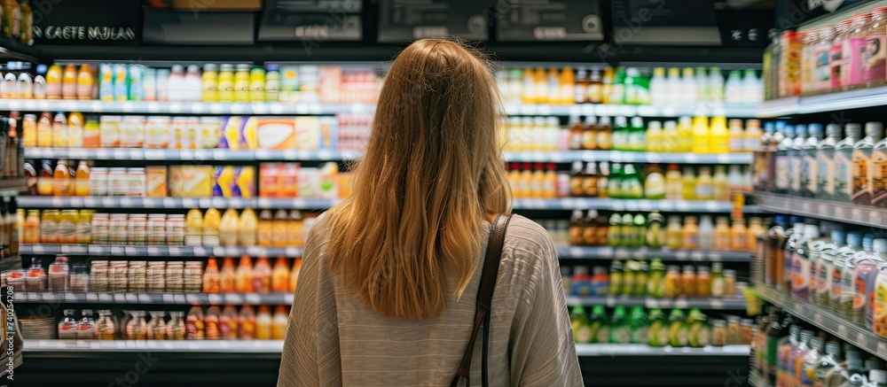 A woman is seen standing in front of a display of drinks, showcasing the bio shopping concept at a supermarket. A woman is seen standing in front of a display of drinks, showcasing the bio shopping concept at a supermarket.