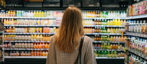 A woman is seen standing in front of a display of drinks, showcasing the bio shopping concept at a supermarket.