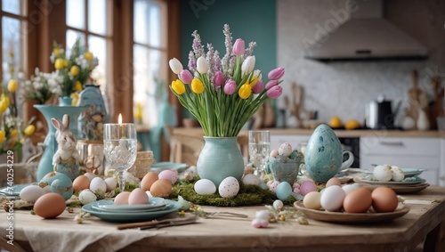 Festive decoration of the easter kitchen and table photo