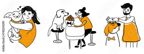 A happy girl cuddles her pet dog. Concept of a friendly cafe for dogs. Groomer giving a haircut to a dog in a grooming salon. Set of cute doodle style illustrations isolated on white background.