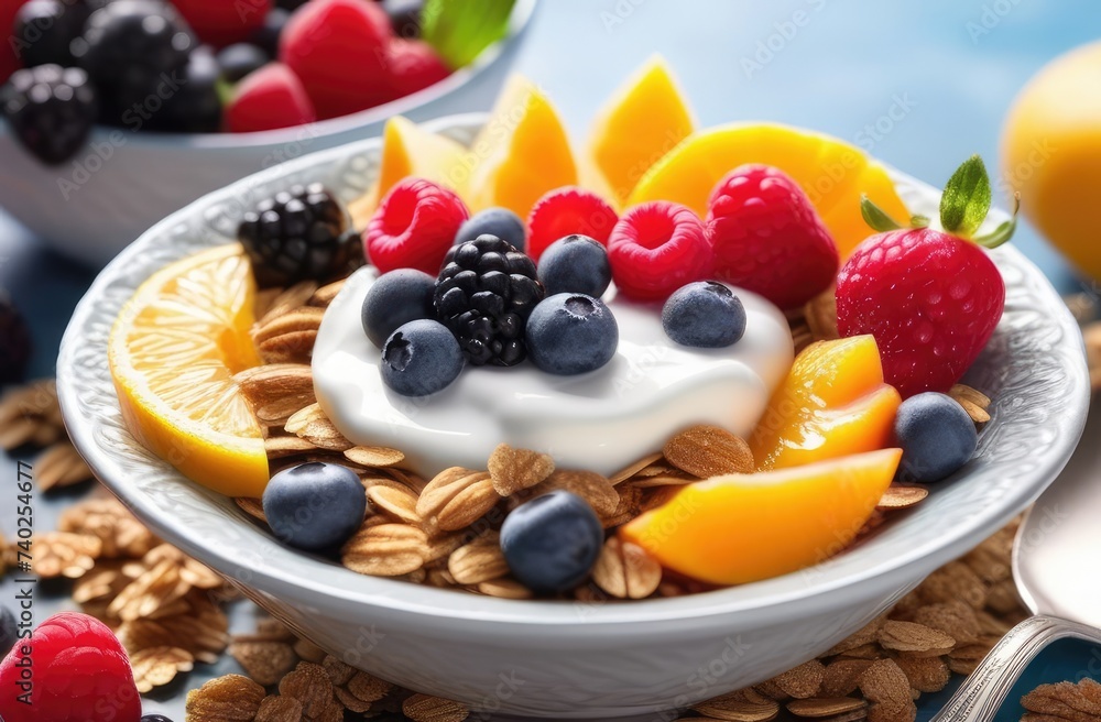 muesli with fruits. bowl of granola with yogurt and berries and fruits, sea morning background.
