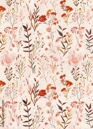 Hand-drawn botanical pattern in whimsical shades of PANTONE 13-1023 Peach Fuzz