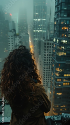 woman looking out city night high rise building hair texture view girl angry gorgeous druid long curly one thousand years longing floating misty daze