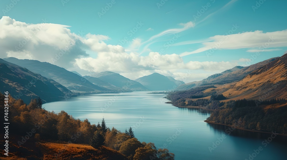 Serene lake landscape with rolling hills and clear skies, perfect for wall art or background usage. AI