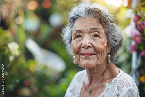 Elegant senior woman with a graceful smile Posing in a lush garden setting Embodying timeless beauty and life experience