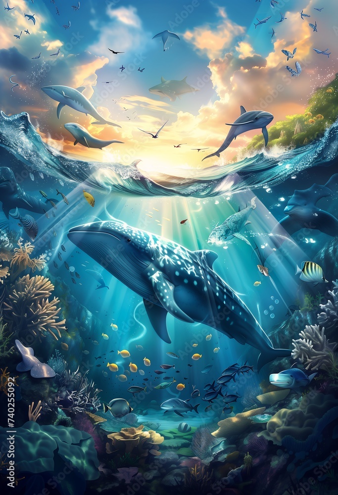 whales swimming ocean sunset cute underwater alien standing beside sea sheep every living being puzzle diver under stands pool deep magic jungle - obrazy, fototapety, plakaty 