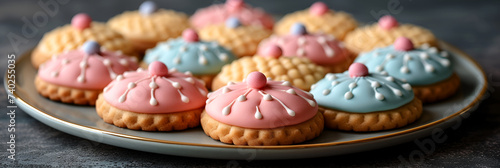 Cookies decorated with icing in a vintage quilt pattern in shades of blue and pink. Banner.