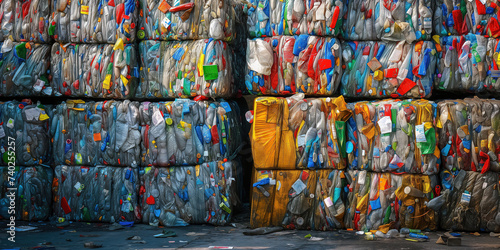 Multiple cubes of compressed plastic garbage near the waste recycling factory and plastic pollution concept. © PrettyStock