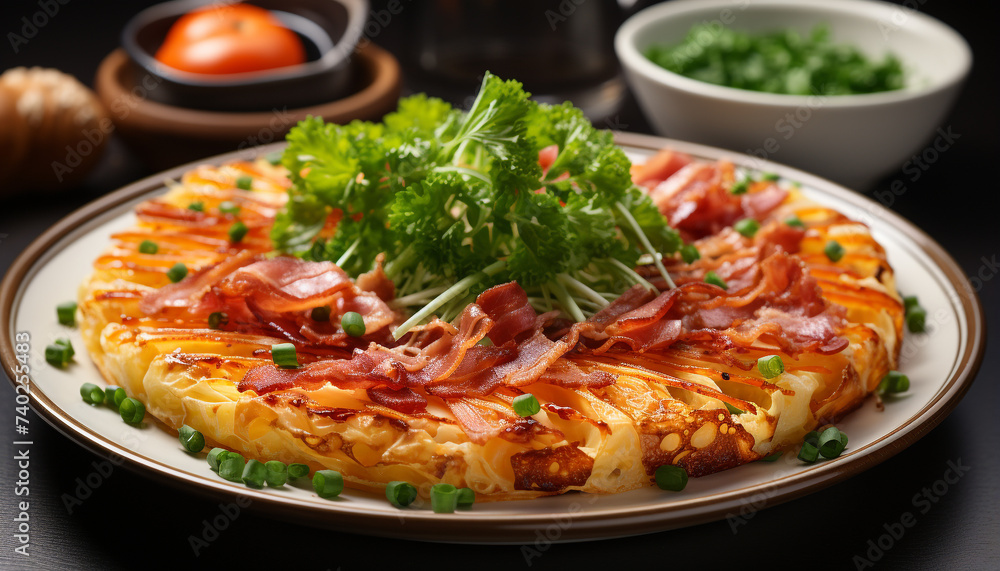 Gourmet meal fresh meat, cooked pork, grilled tomato, healthy appetizer generated by AI