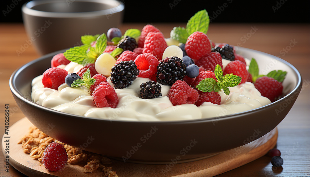 Fresh berry parfait with yogurt, granola, and mint leaf garnish generated by AI