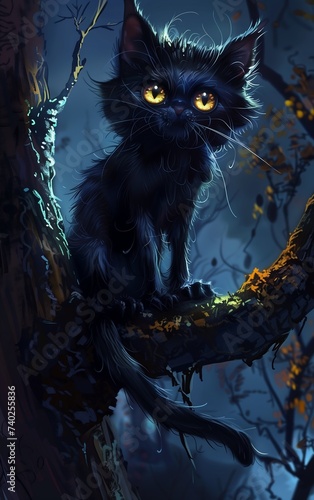 black kitty cat kitten sitting tree branch night cute large eyes princess cartoon striking azure granny