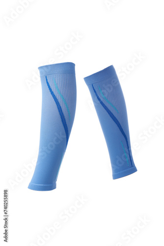 Close-up shot of a pair of compression gaiters. Blue medical compression gaiters for the prevention of varicose veins are isolated on a white background. Side view.