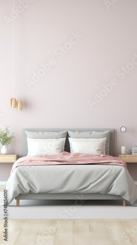 Double bed isolated against a white wall  pastel pink pillows and bedding