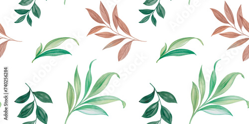Drawn seamless leaves. Background of green leaves. botanical wallpaper. Decorative watercolor background with branches of leaves.
