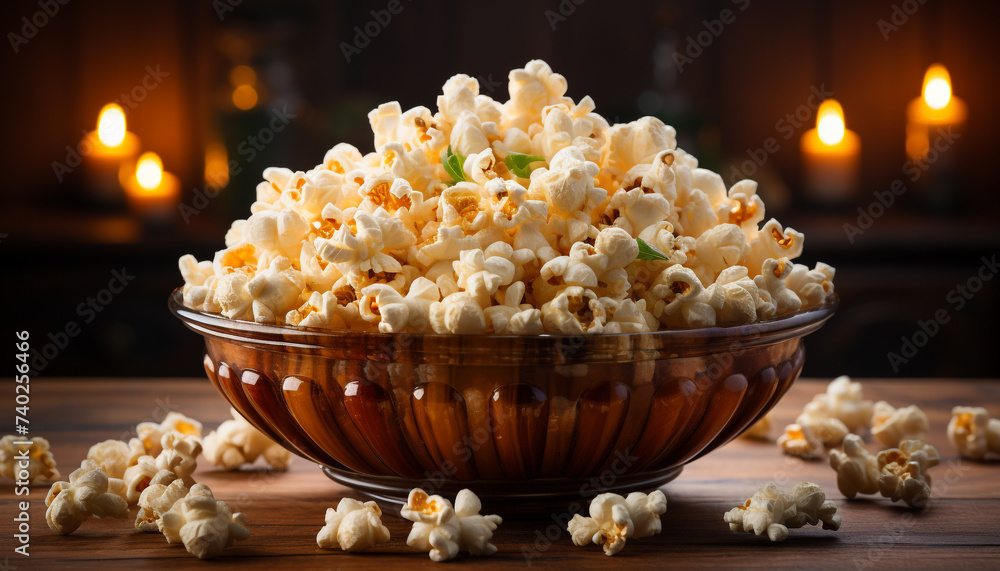 Fresh popcorn in wooden bowl, perfect movie theater snack generated by AI Fresh popcorn in wooden bowl, perfect movie theater snack generated by AI