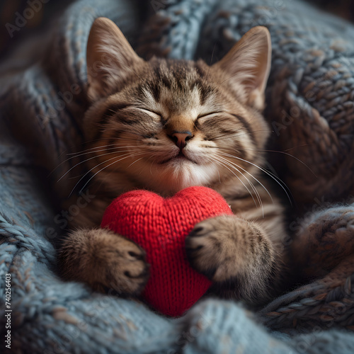 Tabby kitten sleeps hugging a knitted heart. Cozy concept for wallpaper, background and posters.