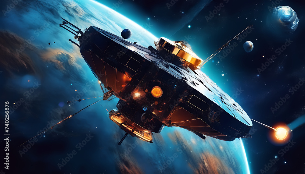 Naklejka premium A space probe exploring the outer reaches of the galaxy transmitting data back to Earth. Generative AI