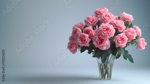 Elegant bouquet of pink roses in a glass vase on a light background. perfect for greeting cards. floral arrangement captured in natural light. AI