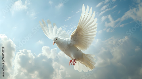 White dove in the blue sky against the background of clouds, a symbol of peace. Concept background about good, peace, against war and evil, Day of  Peace copyspace