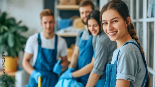 The photo shows people cleaning an office space. They are carefully wiping dust, washing windows, and vacuuming carpets. Cleaning supplies are on the shelves. The room is filled with a fresh clean sce