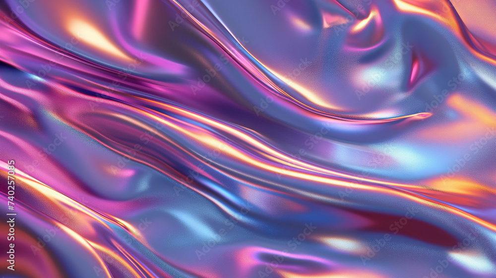 Obraz premium Abstract iridescent wavy background with smooth metallic gradients in blue and pink hues.