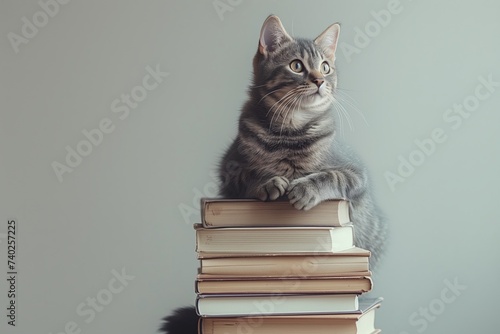 Education concept - cat sitting on books on grey background. April National Library Day. I love read the books. Cute mouse sitting on the top of books stack