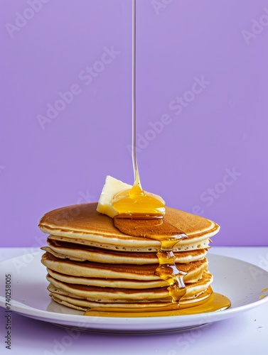 Towering Pancake Stack with Honey Drizzle on a Purple Background