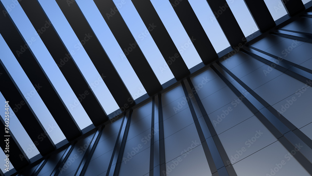 Building wall with sky view and open roof, modern architecture with metal elements, building with transparent ceiling. Modern house, office, banner.3D render Building wall with sky view and open roof, modern architecture with metal elements, building with transparent ceiling. Modern house, office, banner.3D render
