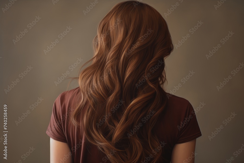 Rear view of a girl with flowing long brown hair, care and hair care concept