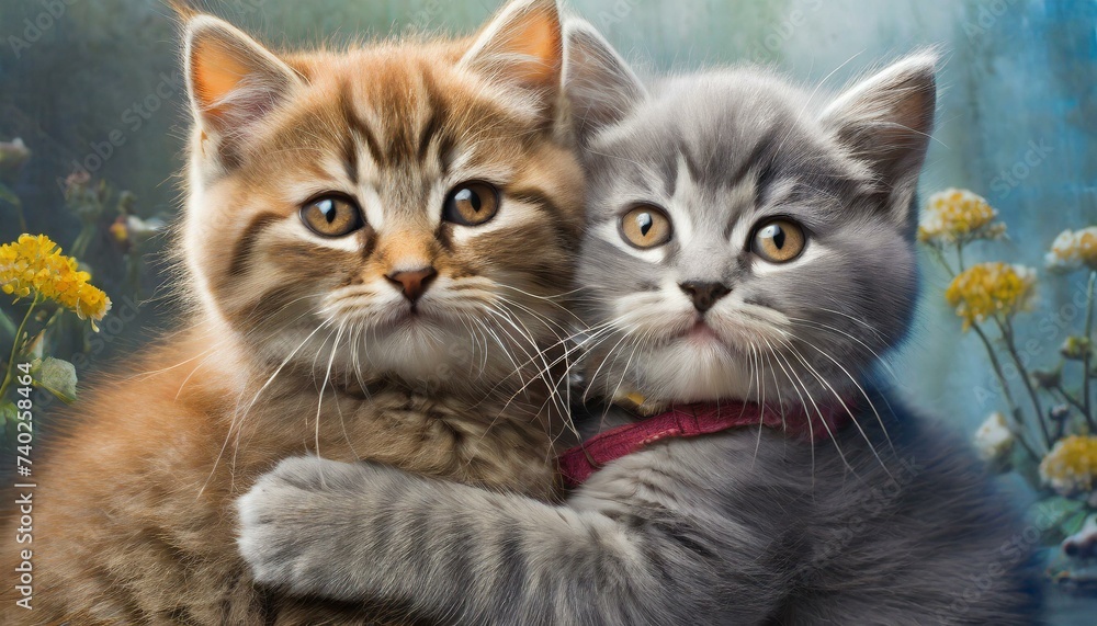 Two kittens hugs. Pets in the garden. Art card. Two kittens hugs. Pets in the garden. Art card.