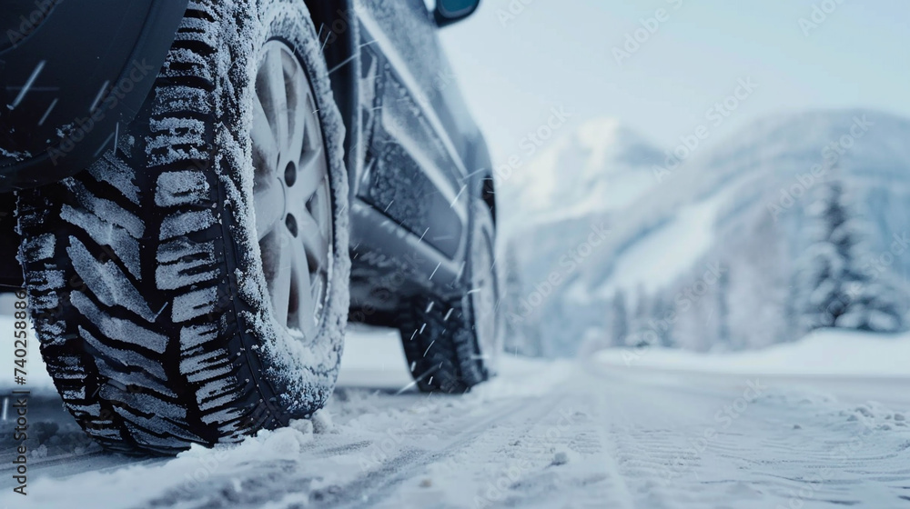 Close-up illustration of car tires in winter on a road covered with snow, slippery on the road.