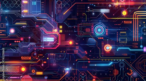 Futuristic Circuit Board Design With Glowing Neon Colors